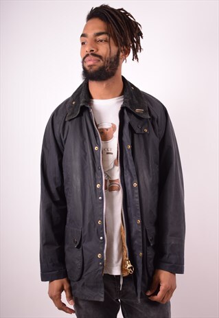 BARBOUR MENS VINTAGE WAXED COTTON JACKET LARGE BLACK 90S