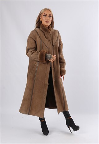 VINTAGE SHEEPSKIN SUEDE SHEARLING COAT MID LONG UK 14 (A82W)