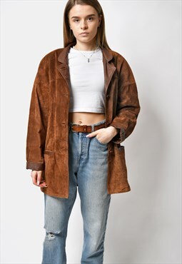 Vintage 80s suede leather long coat brown women's