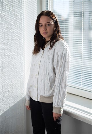 VINTAGE 70'S WHITE DOUBLE BREASTED EMBROIDERED BOMBER JACKET