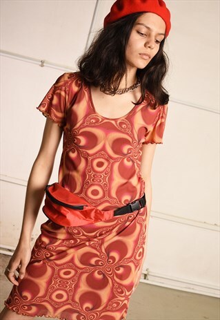 Y2K RETRO PSYCHEDELIC PRINT KITSCH MESH MINI DRESS