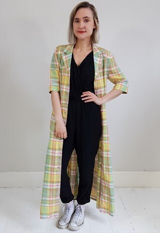 VINTAGE 90'S GREEN ORANGE GINGHAM LINEN SHIRT DUSTER DRESS