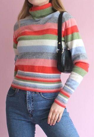 VINTAGE PASTEL RAINBOW STRIPED HIGH NECK JUMPER