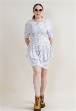 Vintage Short Sleeve Frill Hem Midi Dress in Floral Print M