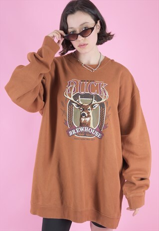 VINTAGE SWEATSHIRT JUMPER IN BROWN WITH BUCK PRINT