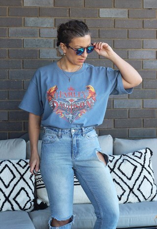 VINTAGE Y2K HARLEY DAVIDSON BLUE NEWMARKET T SHIRT