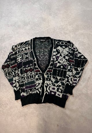 VINTAGE ABSTRACT KNITTED CARDIGAN PATTERNED GRANDAD SWEATER