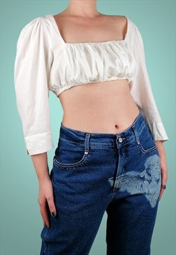 Vintage 80's 90's White Cottage Core Dirndl Blouse Crop Top