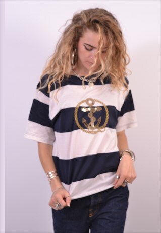 VINTAGE T-SHIRT TOP STRIPES NAVY BLUE