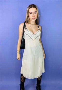 Vintage 90s Cream Satin Lace Trim Mini Dress