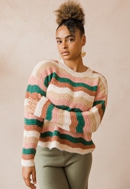 Neutral Tones Wavy Crochet Style Knit Jumper