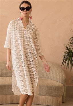 V pattern Lace kaftan dress in White Holiday wear collection
