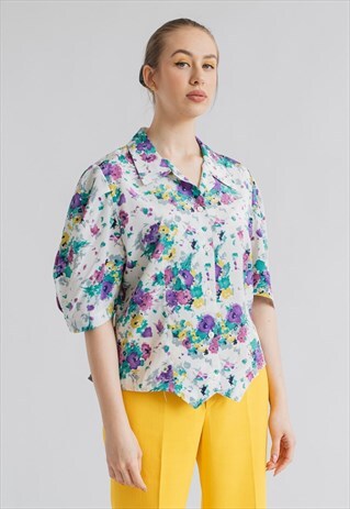 VINTAGE 60S PUFFY SHORT SLEEVE FRILL HEM FLORAL BLOUSE M