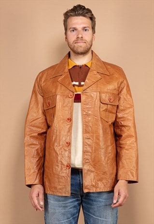 Vintage 90's Men Leather Blazer Jacket in Brown