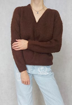 Vintage Knit Brown Pullover, V Neck Pullover, Small Size Top