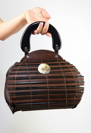 VINTAGE 80'S DARK BROWN WOOD LAMELS BAG / PURSE / CLUTCH