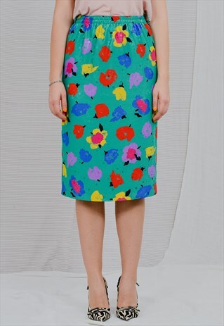 FINK SKIRT PRINTED VINTAGE 80S RAINBOW FLOWERS FLORAL M/L
