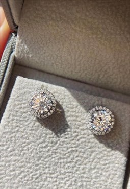 Round Rhodium Plated CZ Classic Studs 925 Sterling Silver