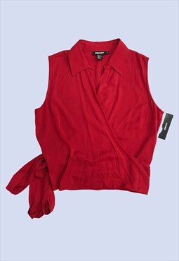 Red Blouse Sleeveless Collared Side Tie