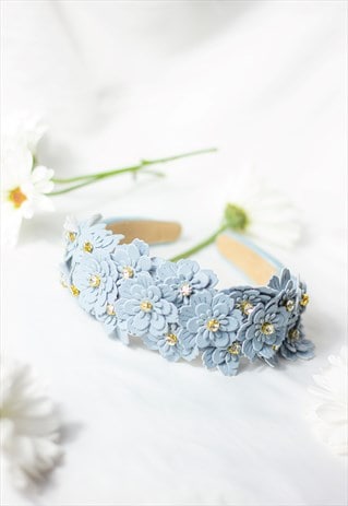 Blue Flower Embellished Headband with Gems