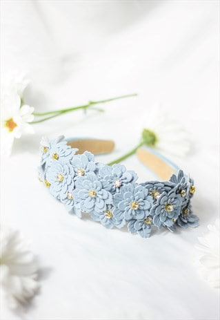 BLUE FLOWER EMBELLISHED HEADBAND WITH GEMS