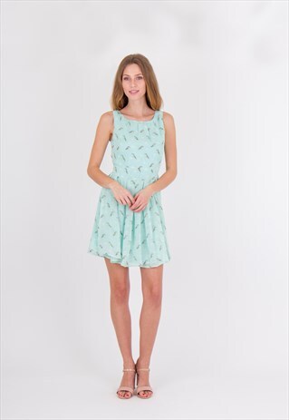 ROUND NECK SLEEVELESS PARROT PRINT FRILL MINI DRESS