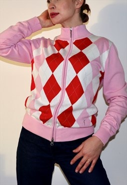 Double Zip Vintage Jacket Y2k 00s Argyle Cardigan Pink S M