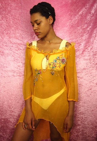 YELLOW SHEER TOP DRESS WITH EMBROIDERY