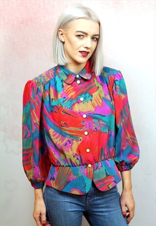 1980S VINTAGE SILKY MULTICOLOURED PATTERN BUTTON UP SHIRT