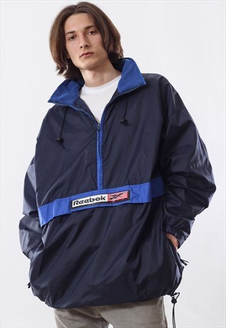 VINTAGE REEBOK WINDBREAKER 90S BLUE BIG LOGO PULLOVER