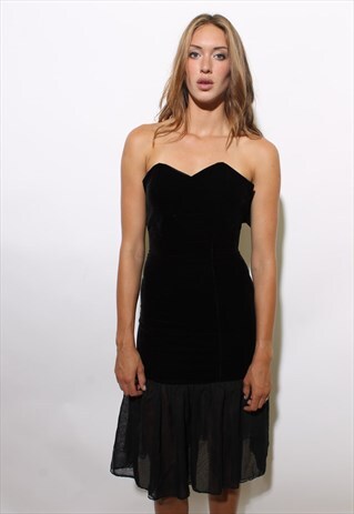 VINTAGE 1980'S 80'S STRAPLESS SWEETHEART VELVET CHIFFON XS