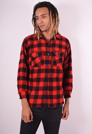 MENS VINTAGE FLANNEL SHIRT LARGE RED CHECK 90S
