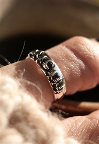 MIDNIGHT MOON GOTHIC FOREST BAND STERLING SILVER RING