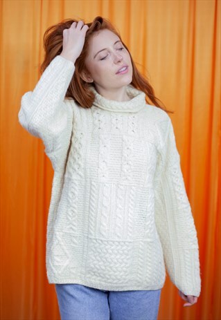 VINTAGE 80S ARAN JUMPER CREAM PATCHWORK CABLE TURTLENECK