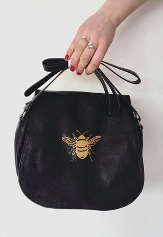 SADDLE BAG IN BLACK WITH GOLD BEE EMBROIDERY