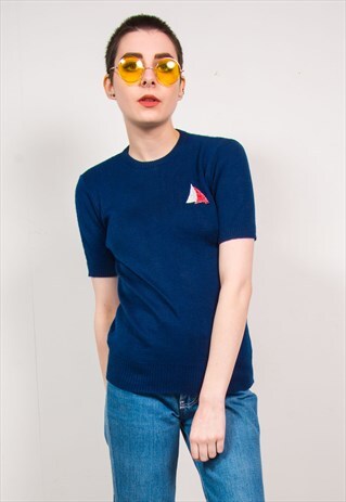 VINTAGE 70'S NAVY BLUE YACHT EMBROIDERED KNIT TOP