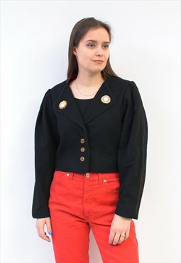 Vintage Women's S Trachten Blazer Wool Jacket Black Puffy
