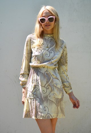 VINTAGE 80S CREAM & BROWN PATTERN LONG SLEEVE MINI DRESS