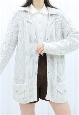 90s Vintage Off-White Grey Cable Knit Cardigan