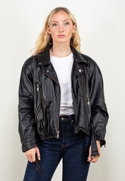 Vintage 80s Leather Biker Jacket in Black