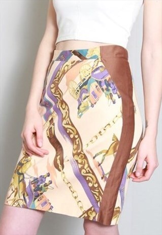 VINTAGE 1980'S HIGH WAISTED PRINTED PENCIL MIDI SKIRT