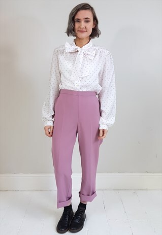 VINTAGE 80'S WHITE AND PINK POLKA DOT PUSSY BOW BLOUSE