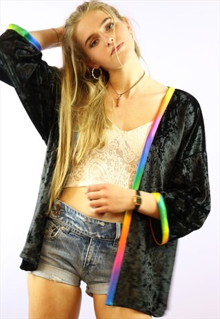 BLACK VELVET KIMONO WITH RAINBOW TRIM