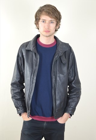 80S VINTAGE BLACK LEATHER ZIPPED BIKER JACKET