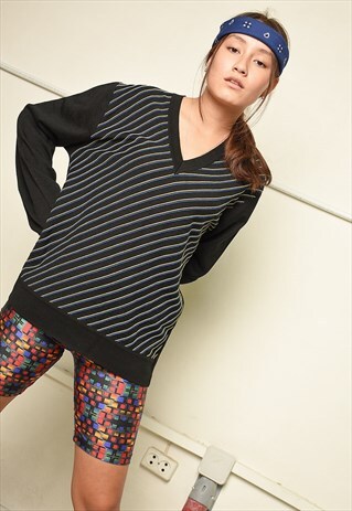 VINTAGE 70S RETRO STRIPED KNIT JUMPER TOP IN BLACK