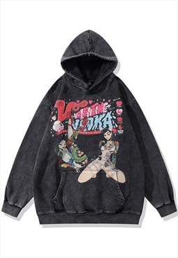 Anime print hoodie bondage pullover Japanese top acid grey