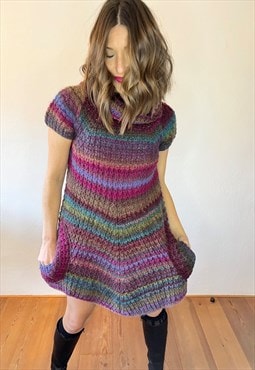 Y2k vintage rainbow knit wool blend turtle neck mini dress