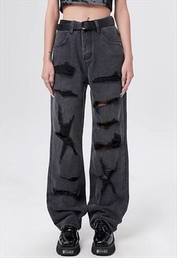 Shredded jeans grunge star pattern denim pants in acid black