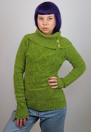 VINTAGE 90'S CHENILLE VELVET KNIT JUMPER / SWEATER IN GREEN