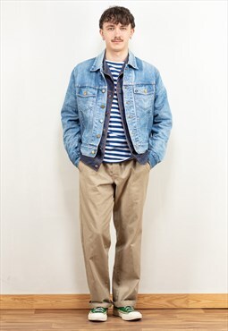 Vintage 80's Men Faded Denim Jean Jacket in Blue